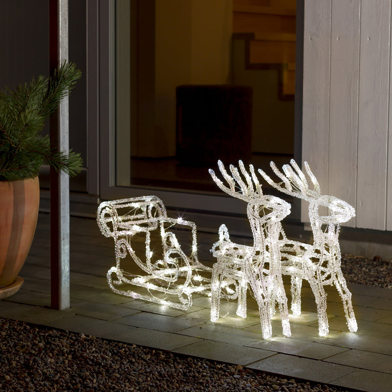 Acrylic Reindeer & Sledge Display Lit with Warm White LEDs