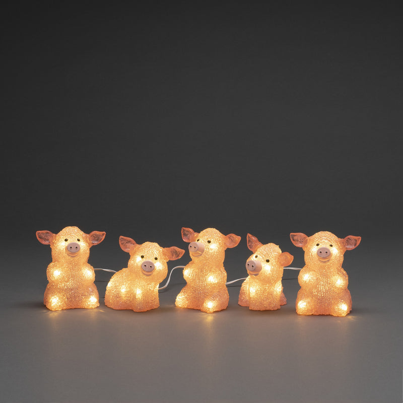Set of 5 Pink Acrylic Pigs Lit with 40 Warm White LEDs