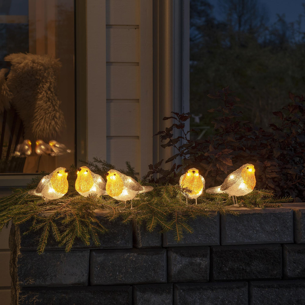 Set of 5 LED Lit Acrylic Christmas Robins