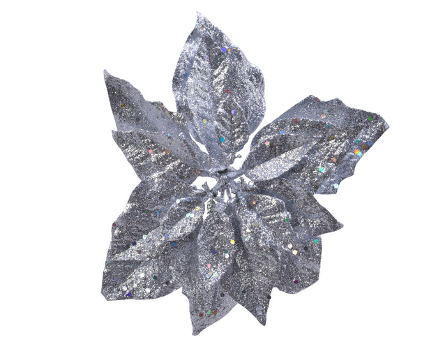 Silver Poinsettia Flower Clip On Tree Decoration with Glitter Detail