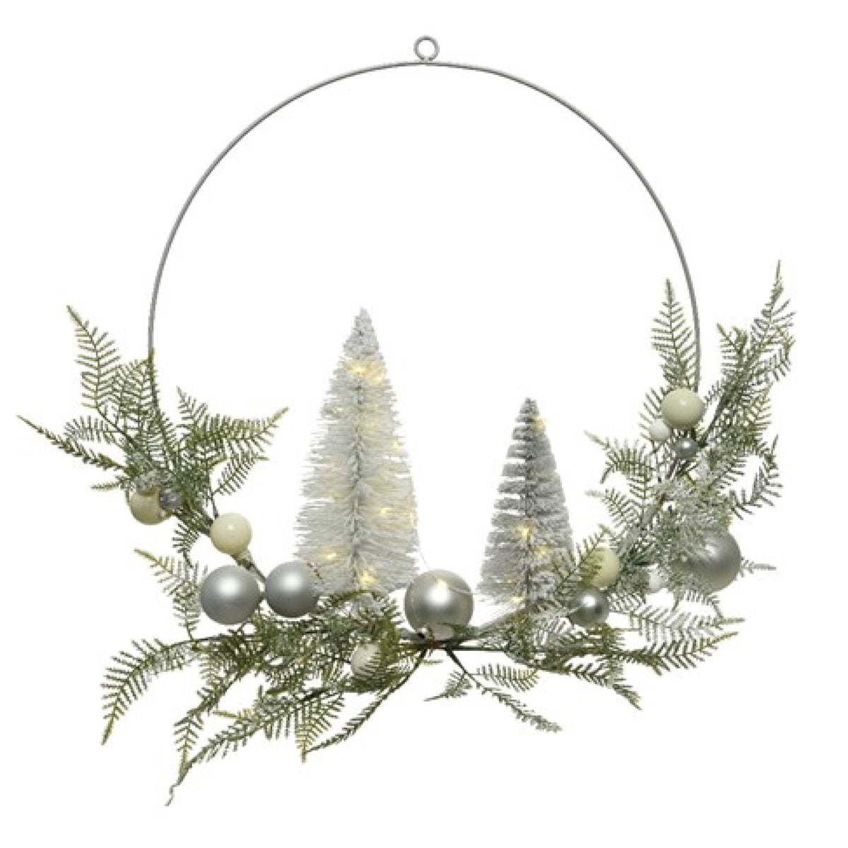 40cm Micro LED Wreath with White and Silver Decorations