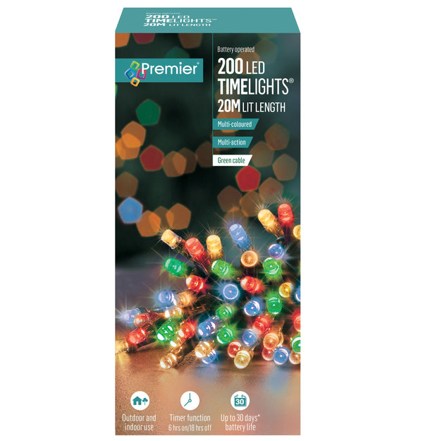 200 Multi Coloured Multi Action Battery Powered LED Lights with Timer