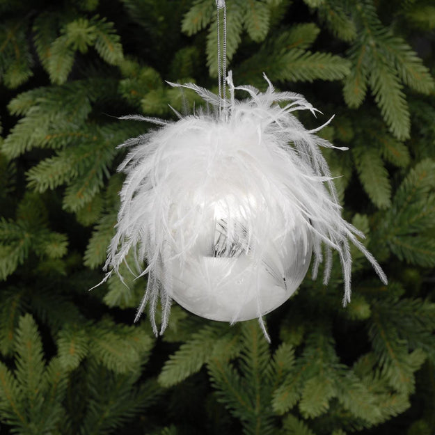 White Christmas Tree Bauble with Feather Detail