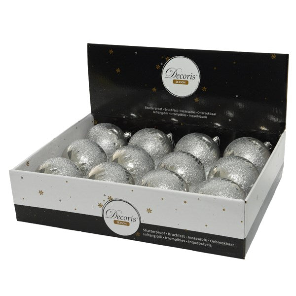 48 Misty Grey Glitter Shatterproof Christmas Tree Baubles Commercial Pack