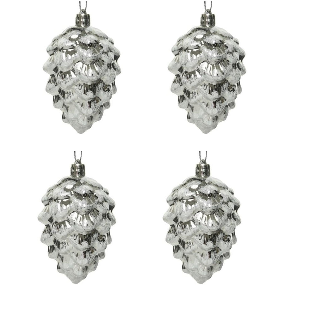 Set of 4 Silver Pinecone with White Glitter Christmas Tree Decoration