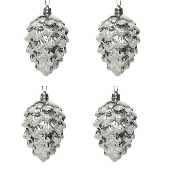 Set of 4 Silver Pinecone with White Glitter Christmas Tree Decoration