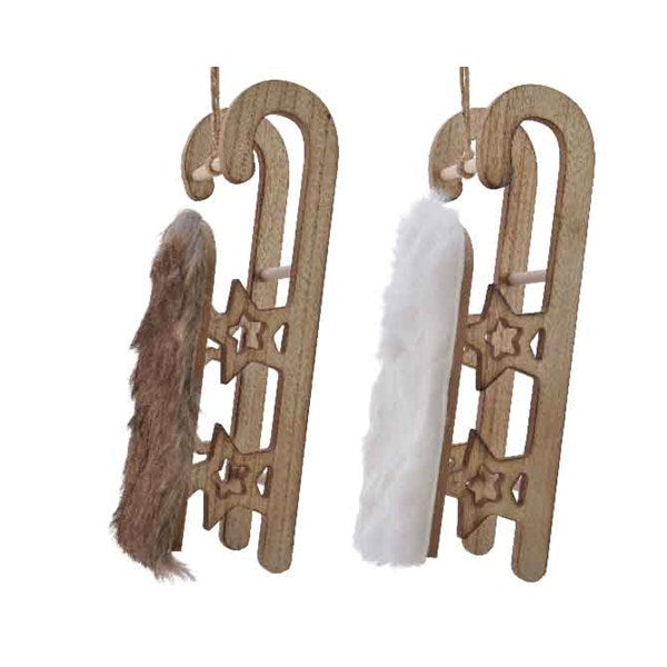 Set of 12 Wooden Sleigh with Faux Fur Christmas Tree Decoration