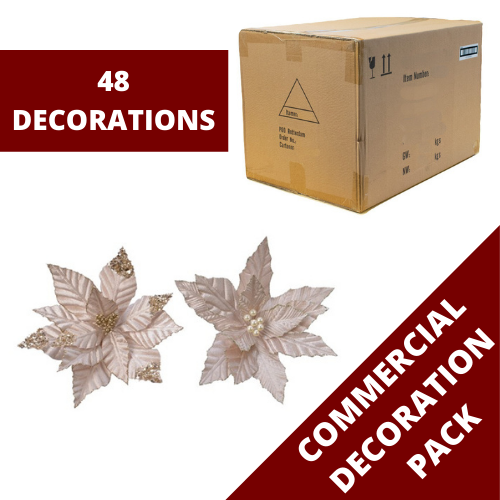 48 Champagne Gold Glitter Poinsettia Flower Clip On Christmas Tree Decorations Commercial Pack