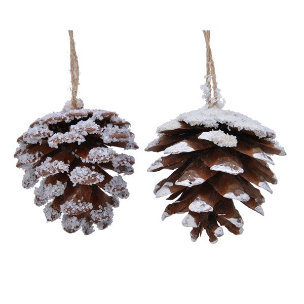 Set of 2 Natural Hanging Snowy Pine Cone Christmas Tree Decorations