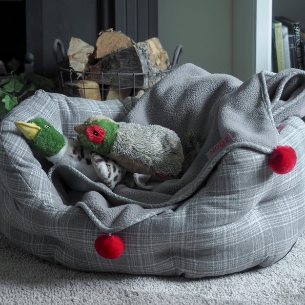 Grey Plaid Oval Dog Bed Medium