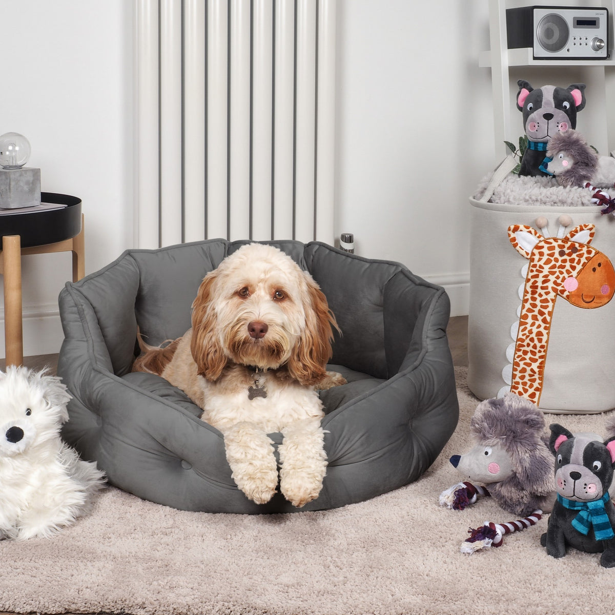 Slate Button Tufted Round Dog Bed Medium