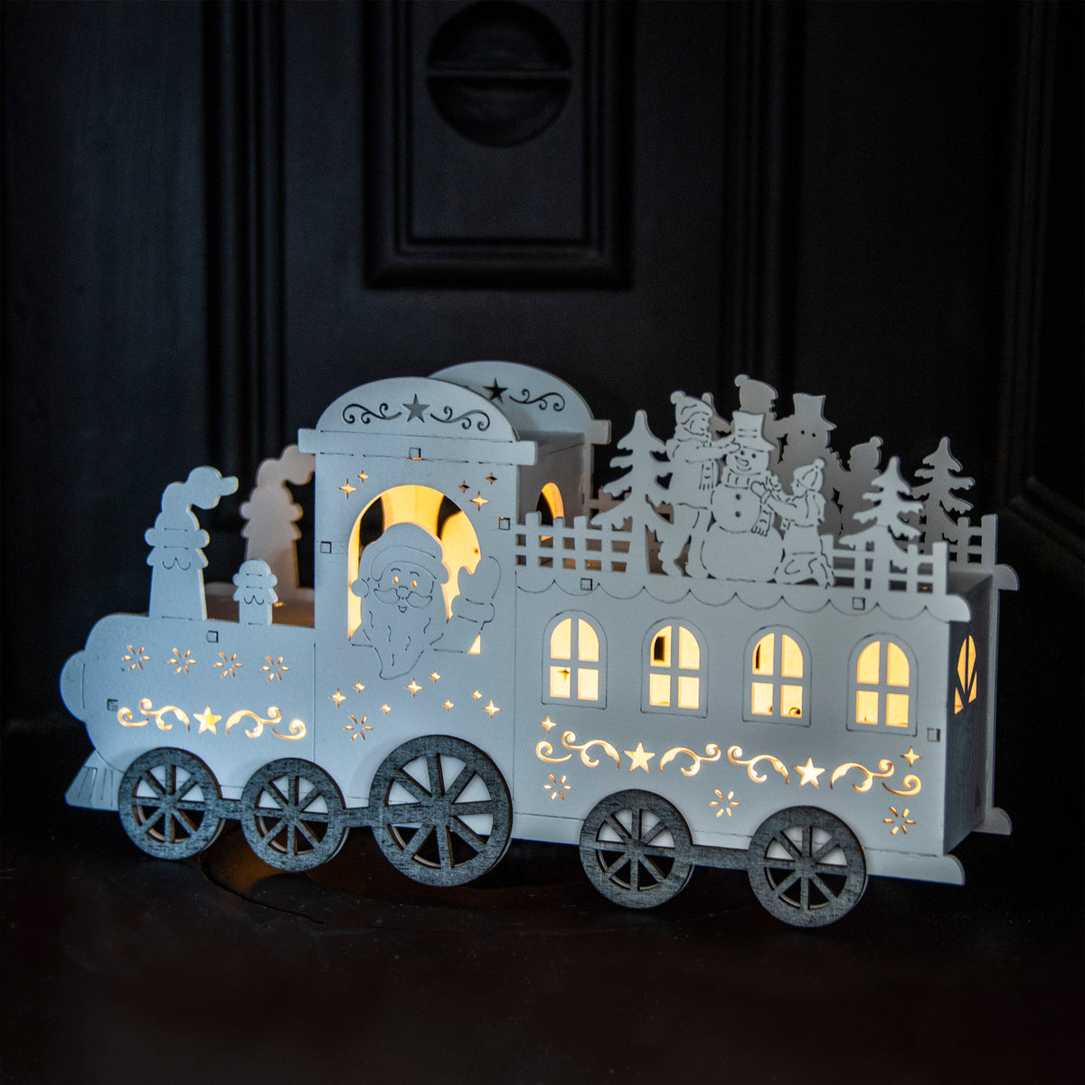 White Wooden Train with Santa Lit Display