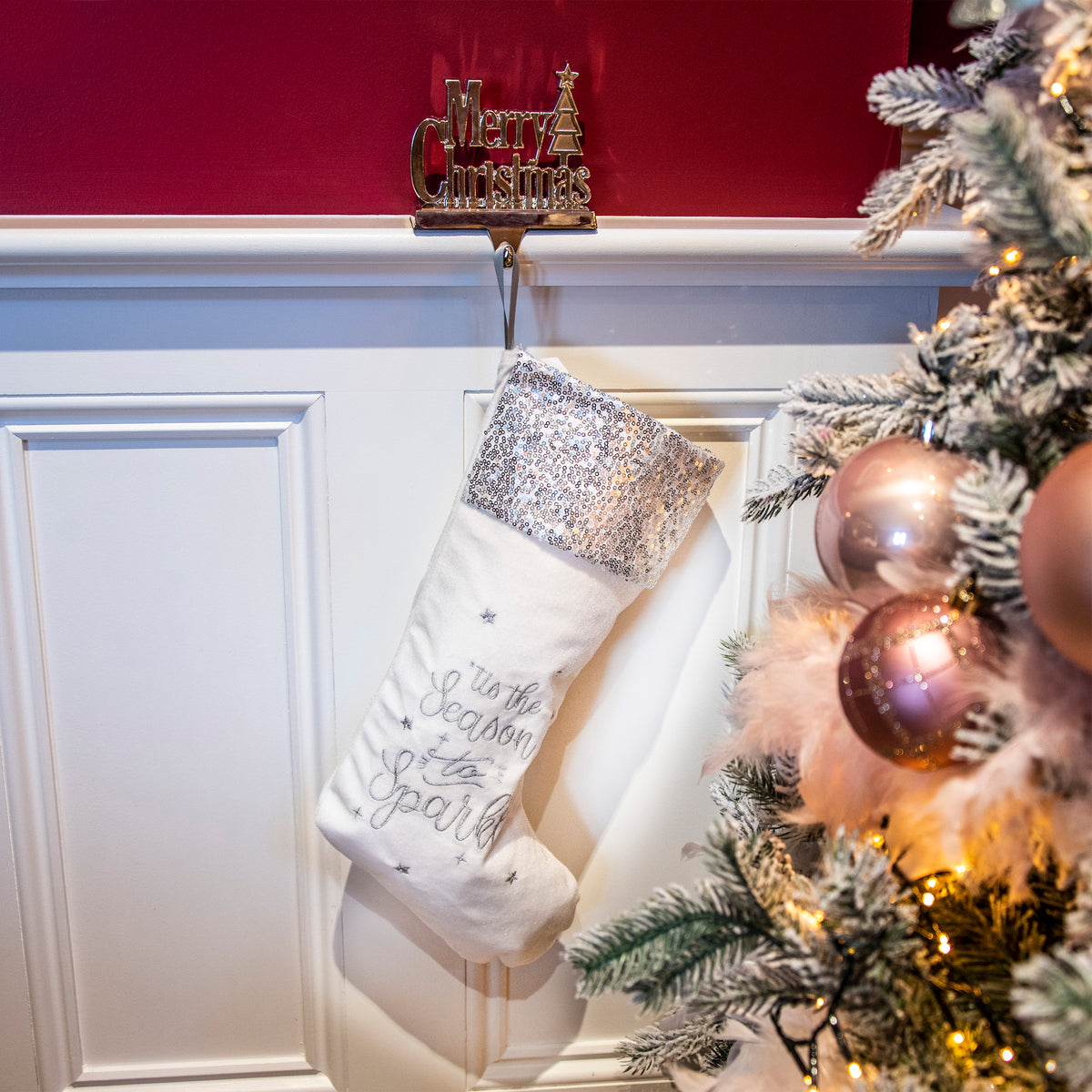 Tis the Season to Sparkle Silver Trim White Christmas Stocking