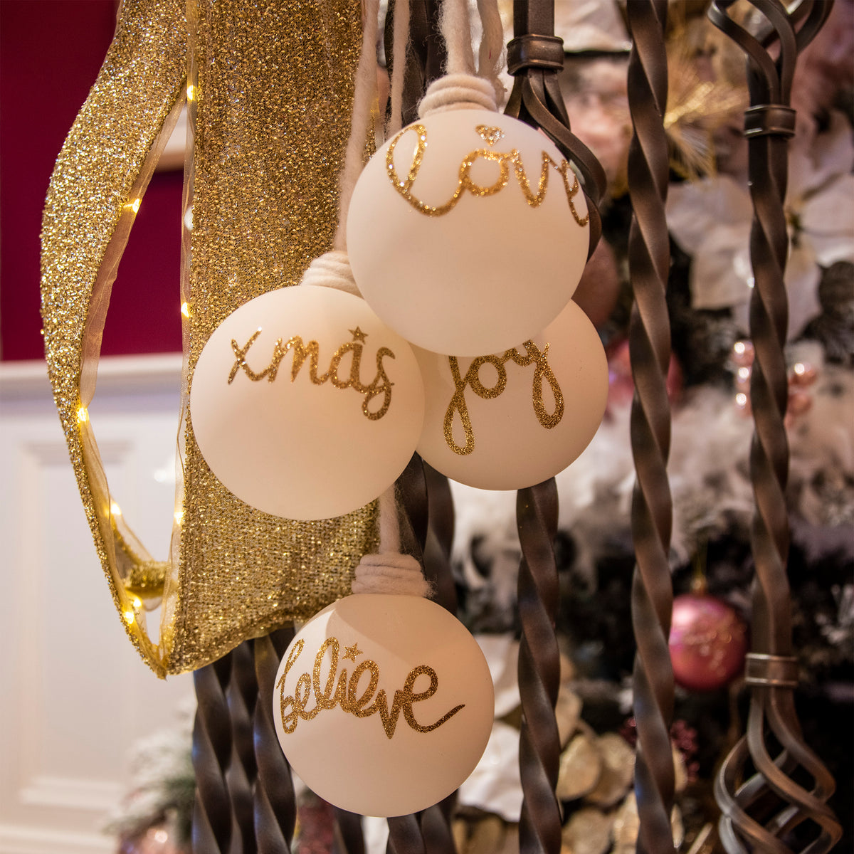 Pack of 4 Glass Believe Joy Xmas and Love Tree Decorations