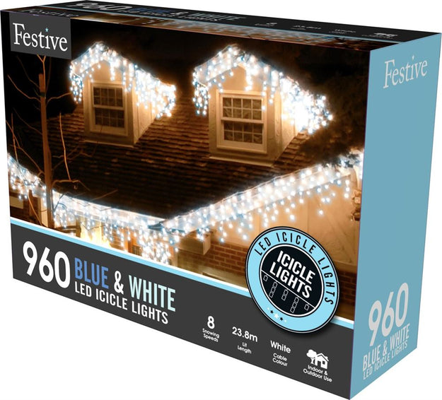 960 Blue and White Snowing Icicle Timer Lights