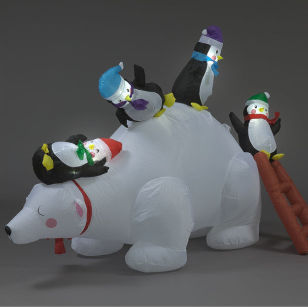 1.8m Inflatable Polar Bear with Festive Playing Penguins