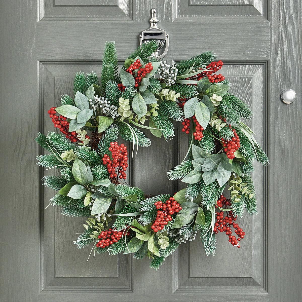 60cm Blue Green Wreath with Red Berries and Leaves