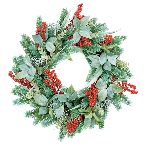 60cm Blue Green Wreath with Red Berries and Leaves