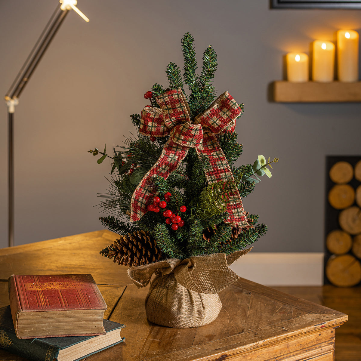 2ft Pre Dressed Natural Tabletop Tree With Tartan Bow