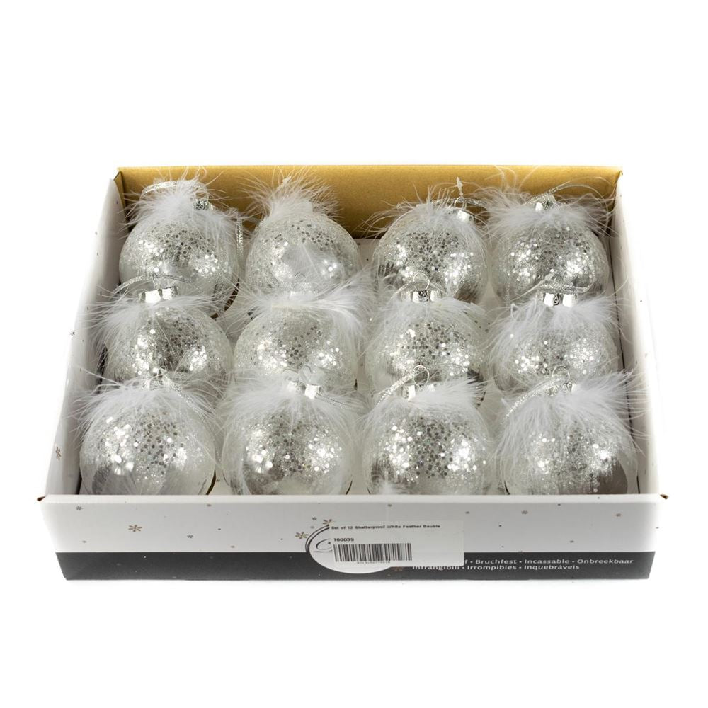 Set of 12 Shatterproof White Feather Christmas Tree Baubles