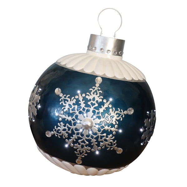 Large 76cm Blue Christmas Bauble With Silver Snowflake Design and LED Lights Display Prop