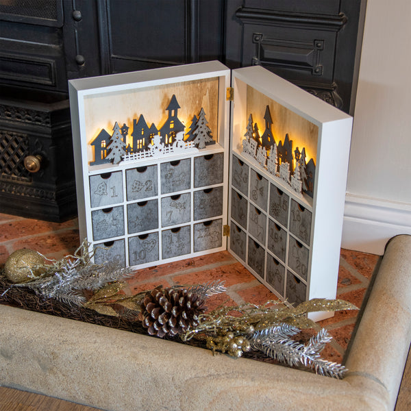 Christmas Scene Silhouette Wooden Advent Calendar with Warm White Lights