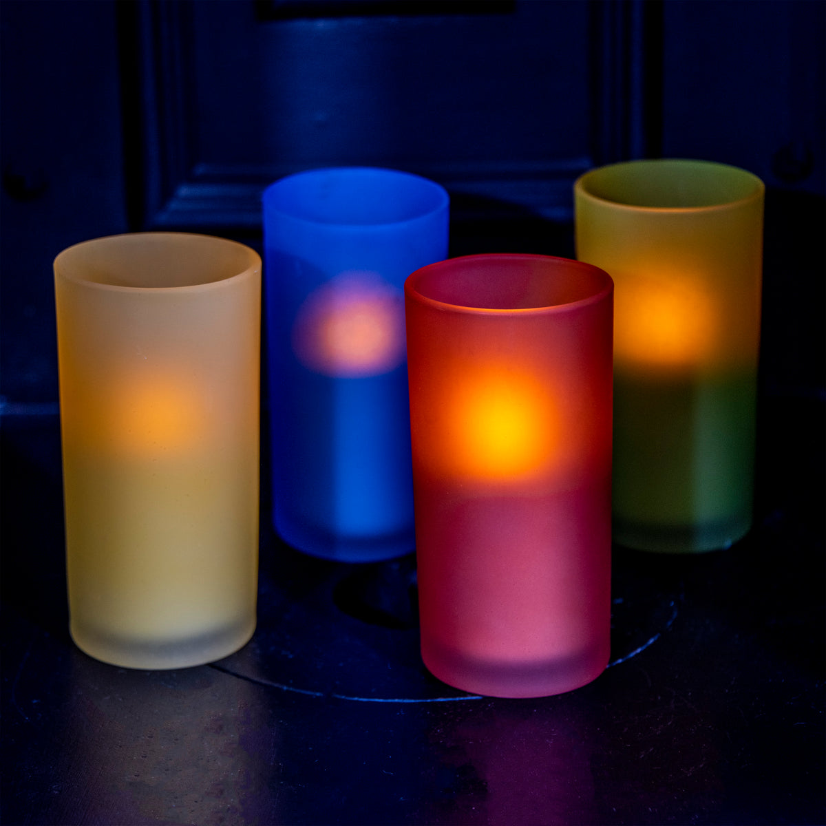 Set of 4 Battery Powered Coloured Glass Votives with LED Candle