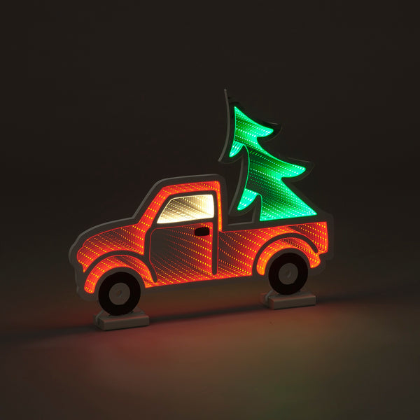 Magical Infinity Mirror Truck with Christmas Tree on Wooden Base