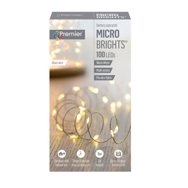 100 Warm White Multi Action LED Pin Wire Battery Powered MicroBrights