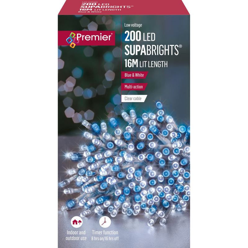 200 Blue and White Supabrights Multi Action LED String Lights on Clear Cable with Timer