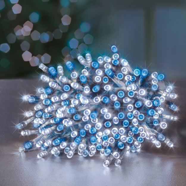 200 Blue and White Supabrights Multi Action LED String Lights on Clear Cable with Timer
