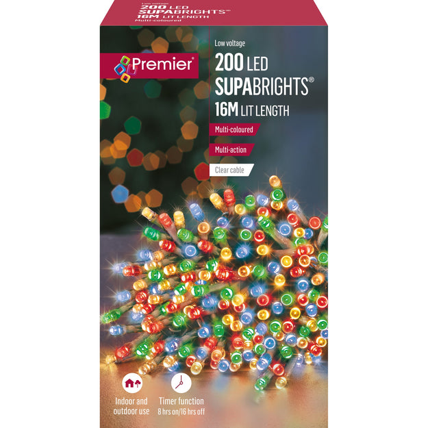 200 Multi Coloured Supabrights Multi Action LED String Lights on Clear Cable with Timer