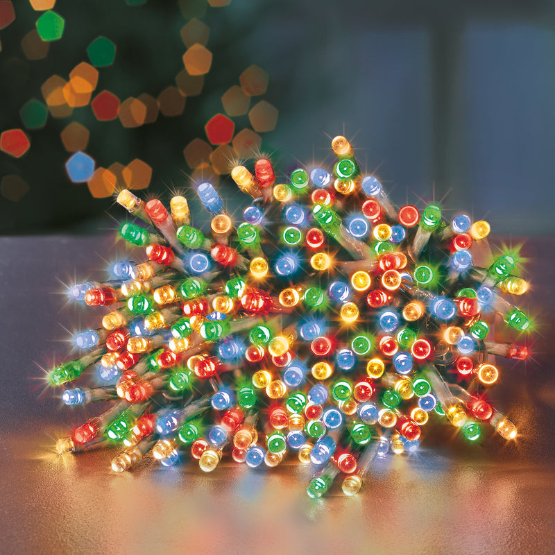 200 Multi Coloured Supabrights Multi Action LED String Lights on Clear Cable with Timer