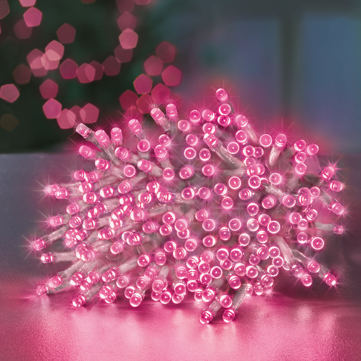 200 Pink Supabrights Multi Action LED String Lights on Clear Cable with Timer