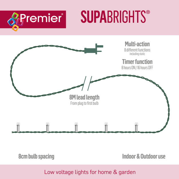 200 Pink Supabrights Multi Action LED String Lights on Clear Cable with Timer