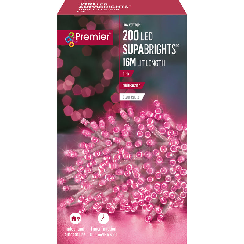 200 Pink Supabrights Multi Action LED String Lights on Clear Cable with Timer