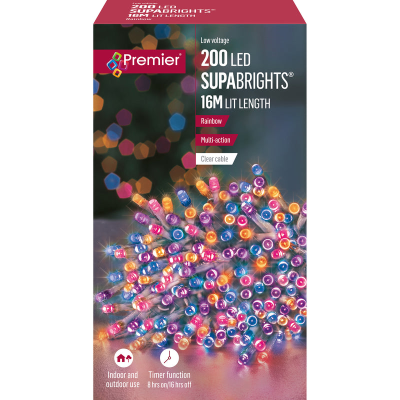 200 Rainbow Supabrights Multi Action LED String Lights on Clear Cable with Timer