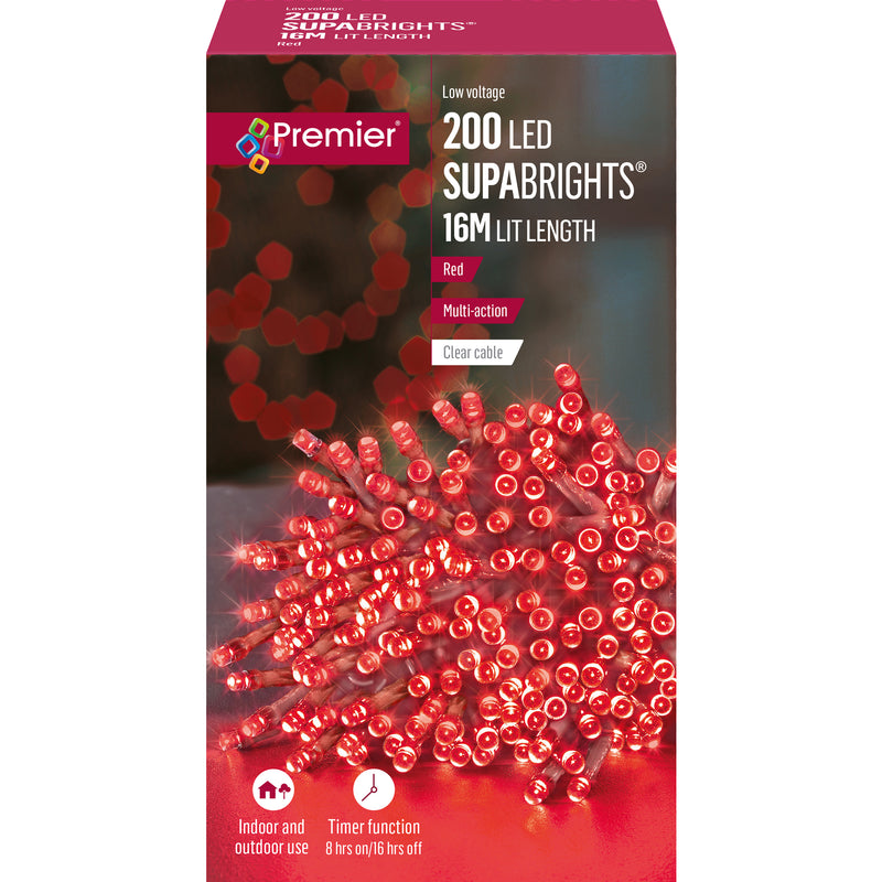200 Red Supabrights Multi Action LED String Lights on Clear Cable with Timer