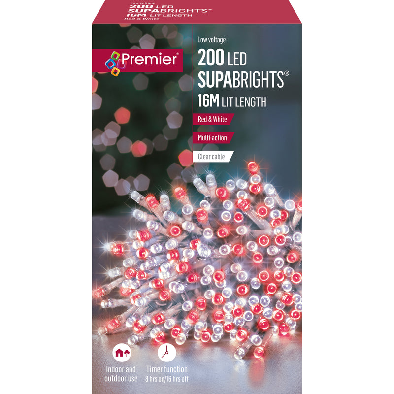 200 Red and White Supabrights Multi Action LED String Lights on Clear Cable with Timer