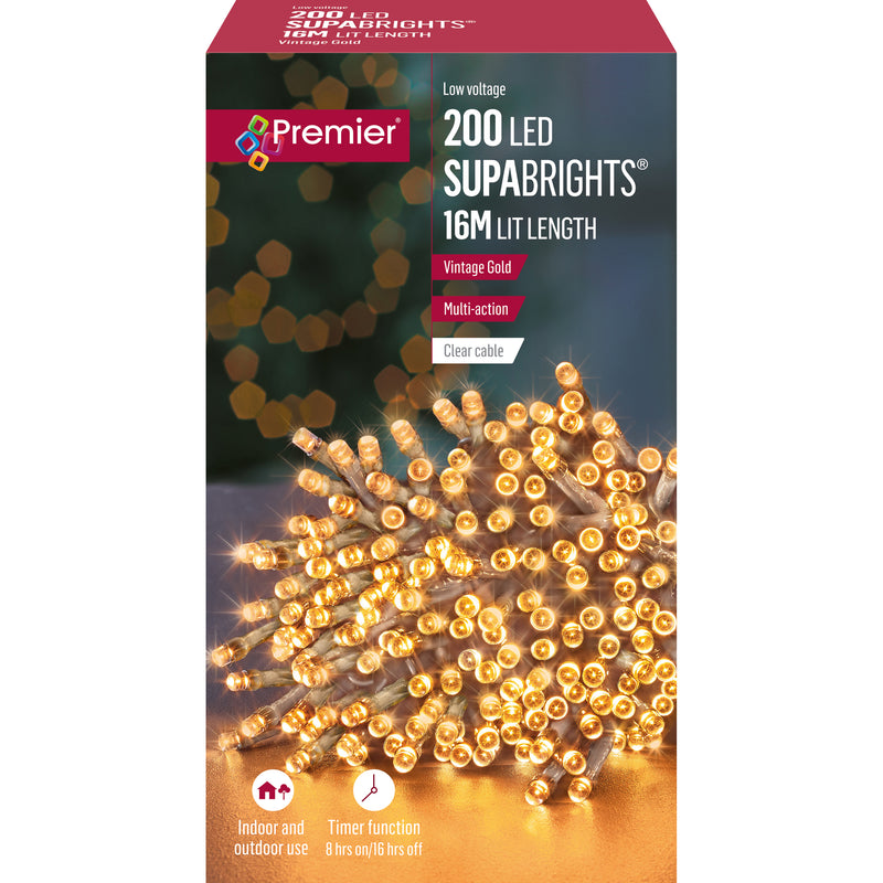 200 Vintage Gold Supabrights Multi Action LED String Lights on Clear Cable with Timer