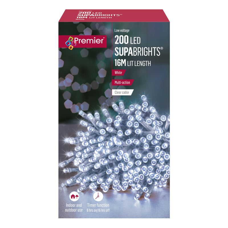 200 White Supabrights Multi Action LED String Lights on Clear Cable with Timer