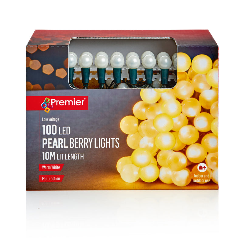 100 Warm White LED Multi Action Pearl Berry String Lights