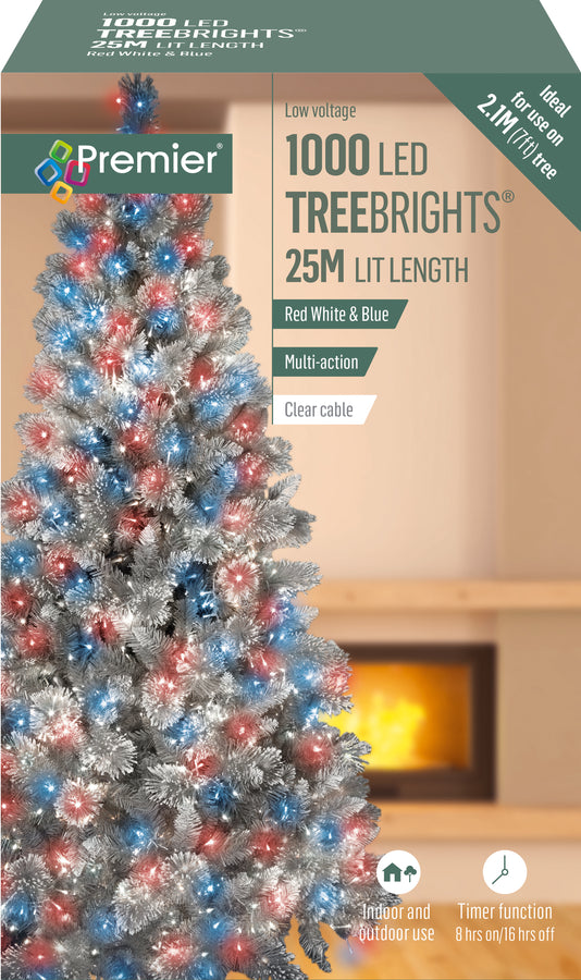 1000 Red White and Blue Treebrights Multi Action LED Lights Clear Cabl