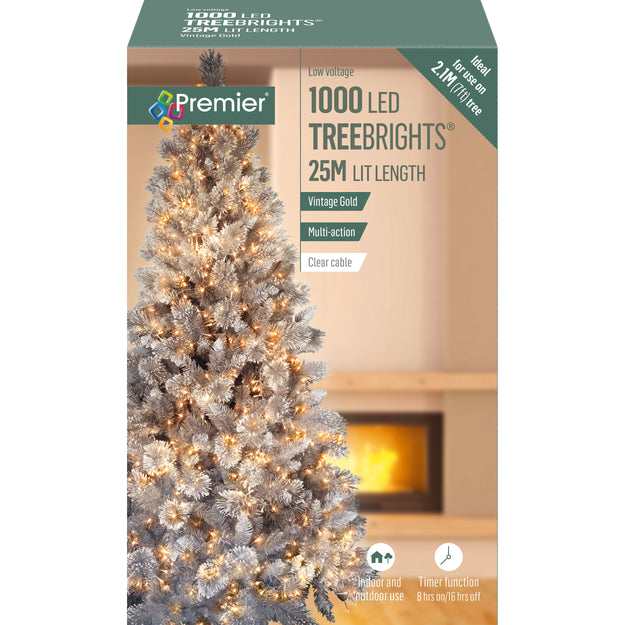 1000 Vintage Gold Treebrights Multi Action LED Lights on a Clear Cable with Timer