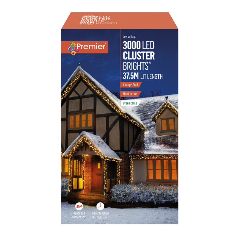 3000 Vintage Gold Multi Action LED Cluster Lights with Timer