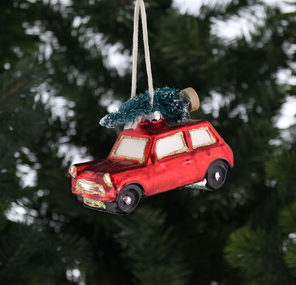 Festive Red Mini with Christmas Tree on Roof Bauble