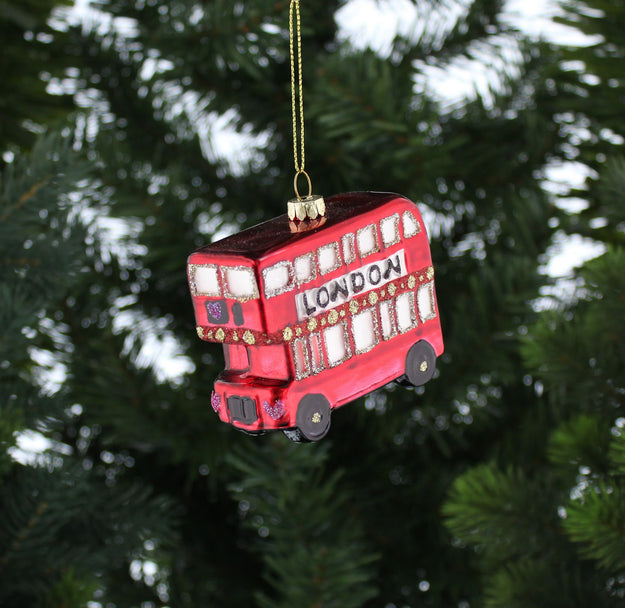 Glass Red London Bus Christmas Tree Decoration
