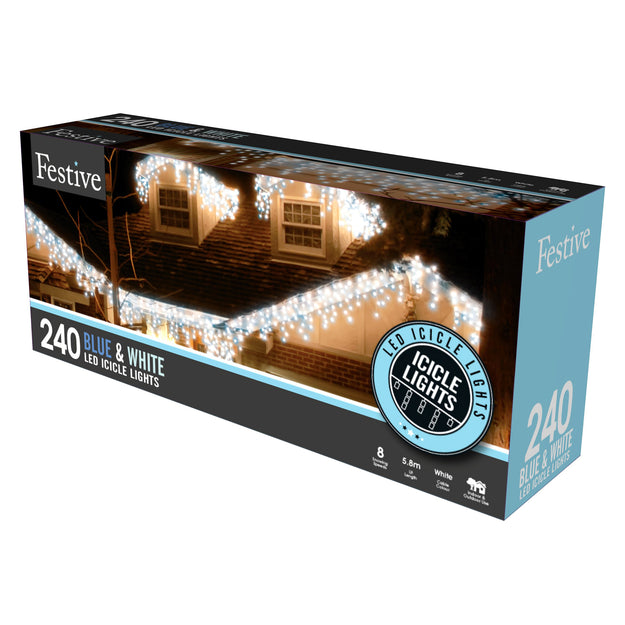 240 Blue and White Snowing Icicle Timer Lights