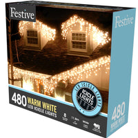 480 Warm White Snowing Icicle Timer Lights