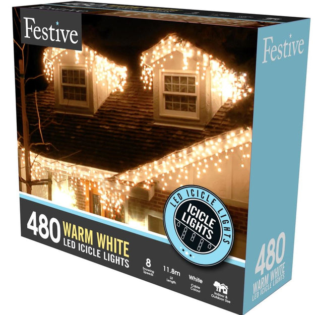 480 Warm White Snowing Icicle Timer Lights